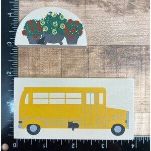Cat's Meow Vintage Wooden Yellow School Bus & Rabbit Garden Scene Shelf Sitters